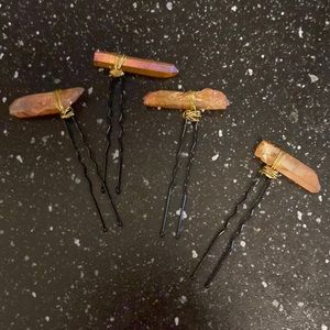 4 Handmade Goldtone Wire Wrapped Black Hairpins w Peach Crystals for Hairpins